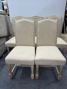 lot 2 image: Set of 5 Linen Upholstered Chairs with tack trim