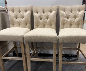 lot 6 image: Three Tufted Upholstered Countertop-height Chairs with Weathered Wood