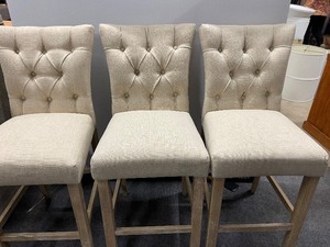 lot 7 image: Three Tufted Upholstered Countertop-height Chairs with Weathered Wood