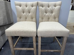 lot 9 image: Two Tufted Upholstered Dining Room Chairs with Weathered Wood Legs