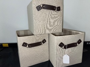 lot 50 image: 3 Cloth Storage Boxes with leather handles