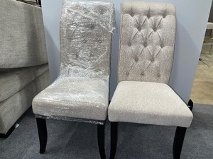 lot 959 image: Two Tufted High-back Upholstered Dining Room Chairs with Scroll Back