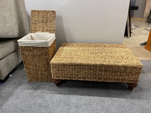 lot 987 image: Caramel-colored Woven Wicker Coffee Table and Laundry Basket