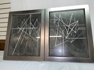 lot 434 image: Wall Decor - White Artistic Design Dark Blue Background (Silver Frames) Set of 2