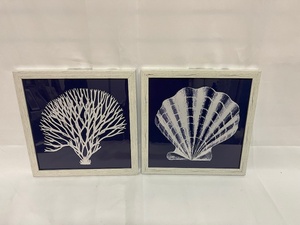 lot 410 image: Wall Decor - (Set of 2) Navy Blue Background (1 White Tree 1 White Seashell)
