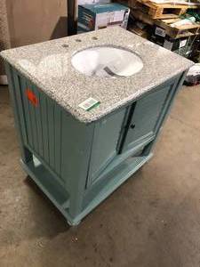 Hamilton 31 in. W x 22 in. D x 35 in. H Single Sink Freestanding Bath Vanity in Sea Glass with Gray Granite Top by Home Decorators Collection Customer Returns See Pictures