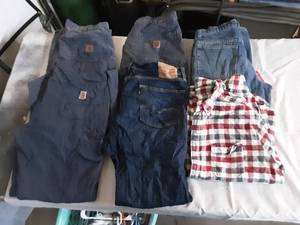 3 Carhartt Work Pants Size 36x32, Levis 36x32, Insulated Jeans 34x34, Flannel size L