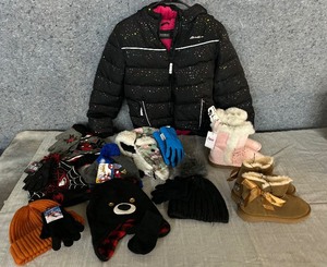 2 New Pairs of Justice Boots Size 2, New Kids Hats and Gloves, Eddie Bauer jacket Size 10-12