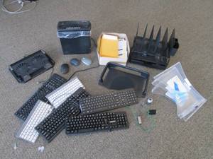 Office Supply Lot including Ball Lock with key, Paper shredder, laptop cooling fan, wired and wireless keyboards, desktop organizers and more