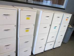 Lot of (10) standard size white metal stacking 2-drawer file cabinets (all with their respective set of keys)