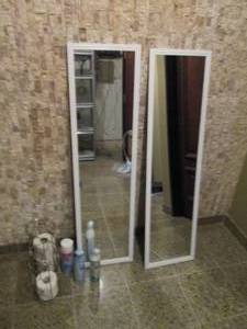 Pair of full length mirrors and free standing toilet paper holders with misc fresheners and Disinfectant Spray