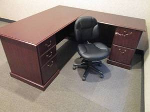 Nice L-Shape wood 5-drawer desk, padded rolling chair plus protective floor mat