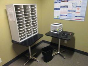 Pair of metal base office break room style tables plus organizational supplies