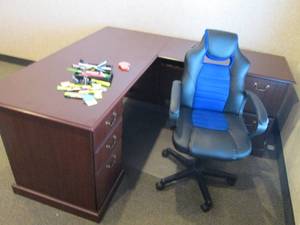 Nice L-Shape wood 5-drawer executive desk, padded executive rolling chair plus protective floor mat and assorted writing implements and office supplies