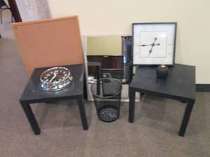 Office or home furniture and decor cluster with end tables, wall clocks, framed mirror and more