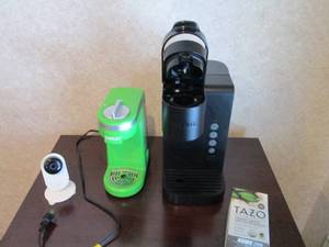 Black Keurig coffee maker, Bright Green Chulux single brewer, Yi Security camera plus misc shown on pics