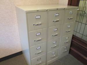 Trio of Standard size Hirsh metal 4-drawer file cabinets (all cabinets have keys)