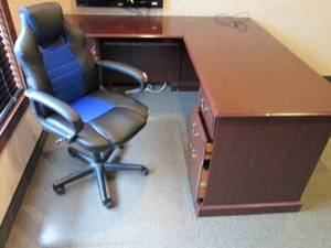 Nice L-Shape wood 5-drawer desk, executive padded rolling chair and protective floor mat