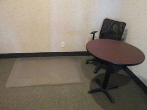 24 Round metal framed table, padded seat rolling office chair and (3) protective floor mats