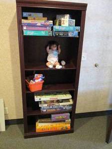 Dark Wood 6-tier Bookshelf approximately 2.5ft1.5ft6ft PLUS all content of games, toys and puzzles