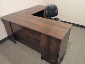 Rustic style L-shaped 3-drawer desk with cupboard style Storage and mounted keyboard tray
