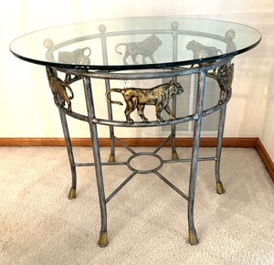 lot 6 image: Pair of Gorgeous Glass Top Lion Figurine Accent Tables
