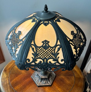 lot 46 image: Vintage Metal and Slag Glass Table Lamp