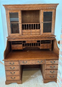 lot 83 image: Vintage Wooden Roll Top Desk with Display Hutch and Chair