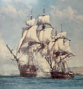 lot 100 image: The Smoke of Battle Framed Print by Montague Dawson