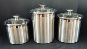 lot 168 image: Trio of Stainless Steele Canisters with Glass Tops