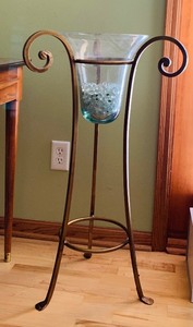 lot 269 image: Wrought Iron and Glass Floor Candle Holder with Ice Blue Glass Beads