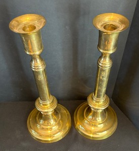 lot 235 image: Pair of Bold Brass Candle Holders