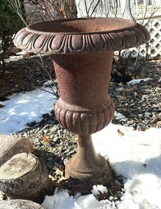lot 9 image: Pair of Metal Patio Urn Planters