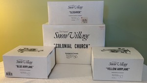 lot 318 image: Variety of 4 Department 56 Snow Village Accessories Including Blue Airplane and Colonial Church