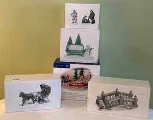 lot 326 image: Assortment of 5 Department 56 Village Accessories including Lion Head Bridge, All Around the Town and Family Canoe Trip
