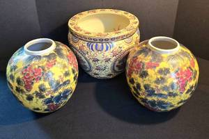 lot 351 image: Lovely Trio of Asian-Inspired VasesPlanters