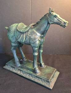lot 354 image: Distinctive Carved Wooden Horse Plus Pretty Green Vase