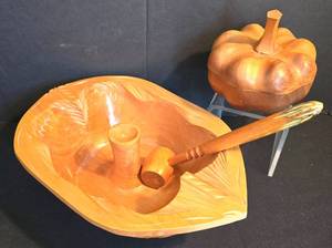 lot 367 image: wonderful Carved Nut Bowl & Mallet, Plus