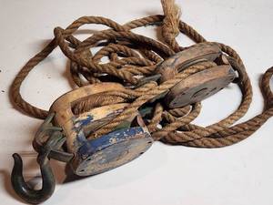 lot 493 image: Vintage Wooden Pulley System with Rope