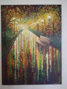 lot 33 image: Signed Painting On Canvas - Autumn Path With Bench