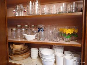 lot 188 image: 3 Shelves Of Misc. Dishes, Jars, Glassware, Bottles, And Wooden Bowls