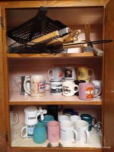 lot 190 image: 3 Shelves Of Coffee Cups, Grilling Tools, And Grilling Utensils