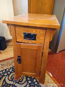 lot 231 image: Small, Solid Wood Side Table With Drawer And Door - Heavy - 25 High x 14 Wide x 17.5 Deep