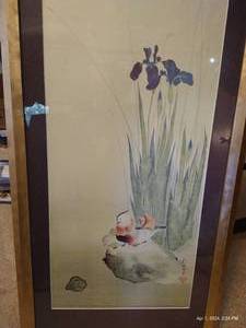 lot 260 image: Framed Iris And Mandarin Ducks Ink And Pigment On Silk - 41 High x 21 Wide