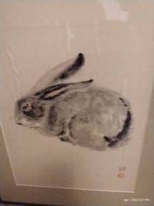 lot 262 image: Framed Rabbit On Silk Artwork, Origin Unknown - 34.75 High x 20 Wide