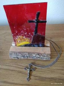 lot 344 image: Glass Cross Art With Chain And Sterling Cross Pendant