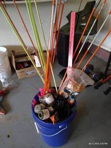 lot 443 image: Bucket of Stakes, Markers, String & Flags