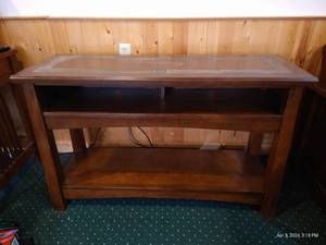 lot 560 image: Beautiful Wood TV Stand With Stone Inlay - 48 Wide x 30 High x 17 Deep