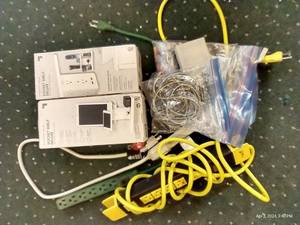 lot 572 image: Misc. Electronics Lot - 2 Socket Shelves, Power Strips, Cords, Etc.
