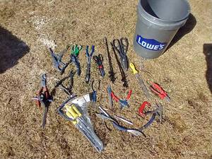 lot 590 image: Bucket Of Tools, Scissors, New Rasps, Etc.